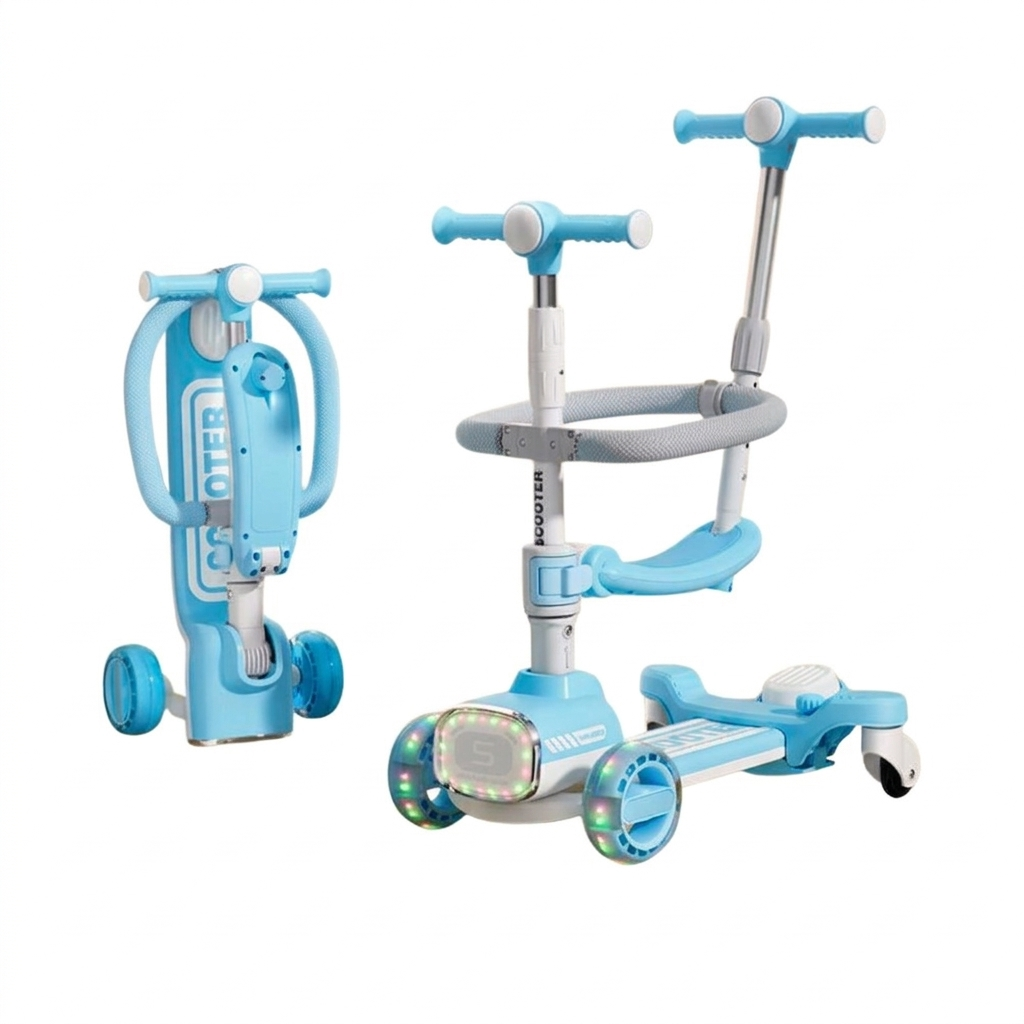 3-in-1 Kids Scooter with Seat & Safety Guard – Foldable, Light-Up Wheels, Adjustable Height
