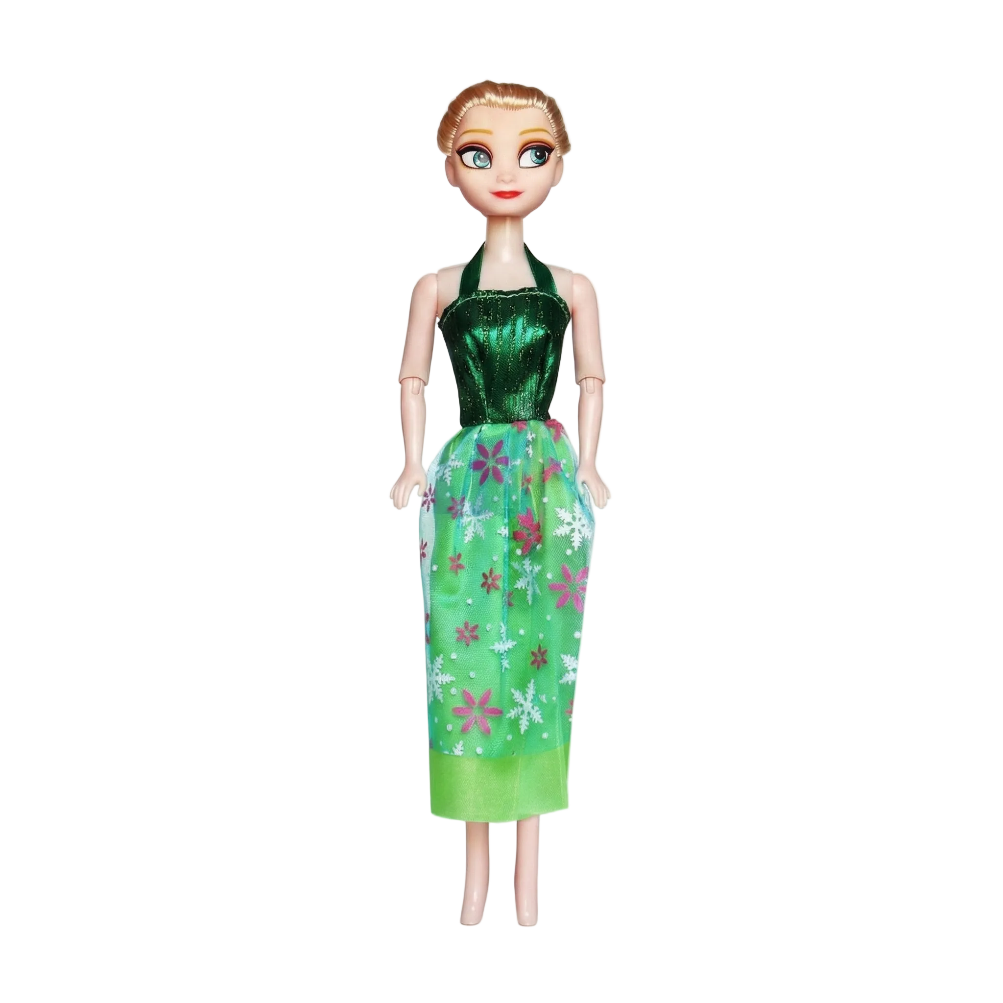Barbie doll wearing a green dress with floral patterns on a white background