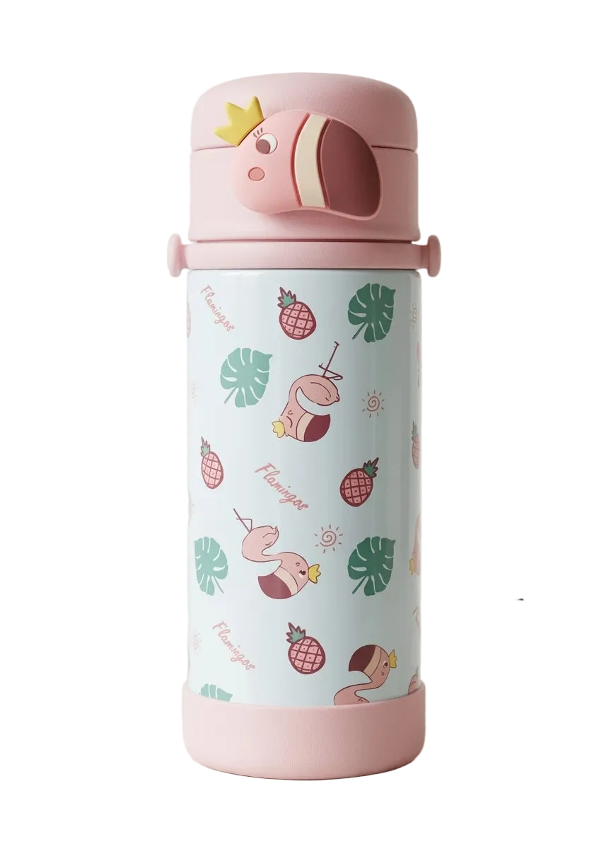 Flamingo 380ml Insulated Sippy Bottle with Straw & Shoulder Strap