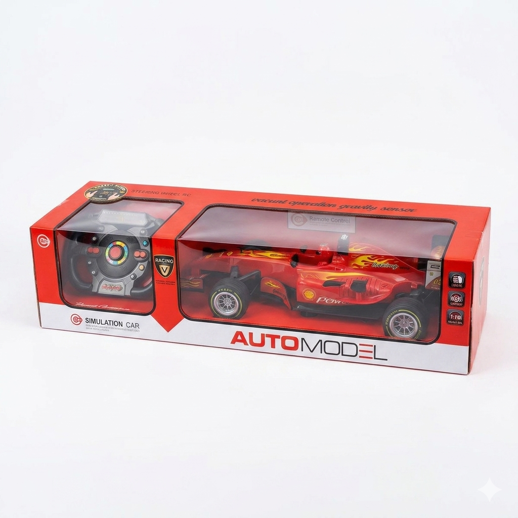 Red toy car in a transparent box with 'AutoModel' branding 