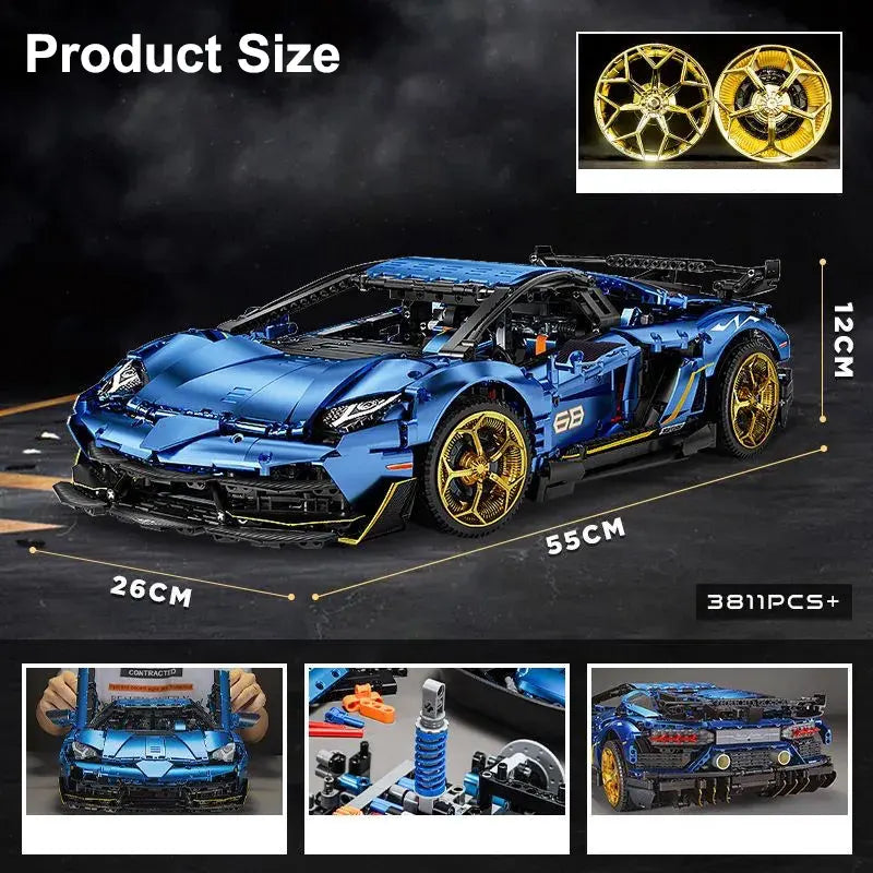 Blue sports car model with gold wheels, dimensions, and piece count 