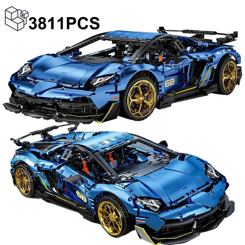 Blue sports car model made from building blocks with '3811PCS'