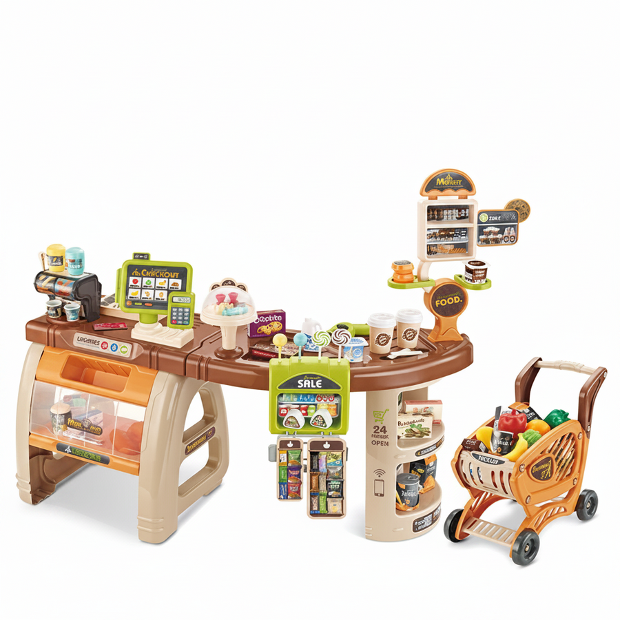 Kids Supermarket Cash Register Playset with Shopping Cart – Interactive Pretend Grocery Store Toy