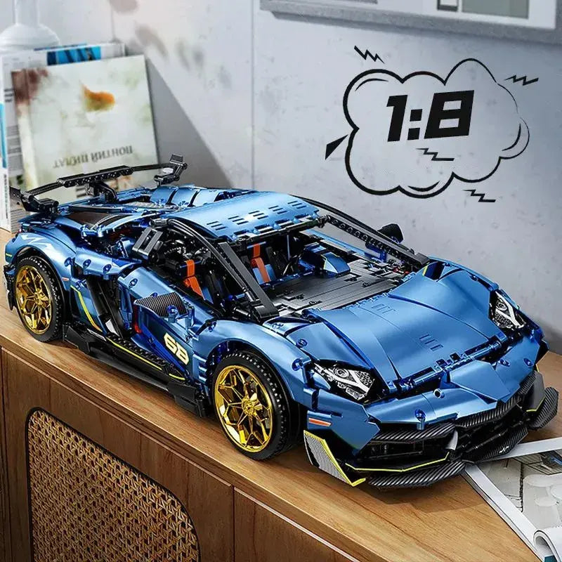 Blue and black sports car model made of interlocking bricks 