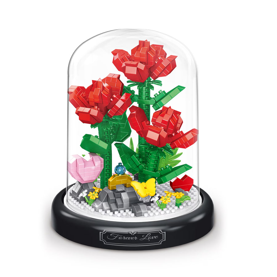 Eternal Flower Building Blocks Set with Dust Cover - DIY Artificial Bouquet Building Blocks Potted Plants and Plant Models - P2370