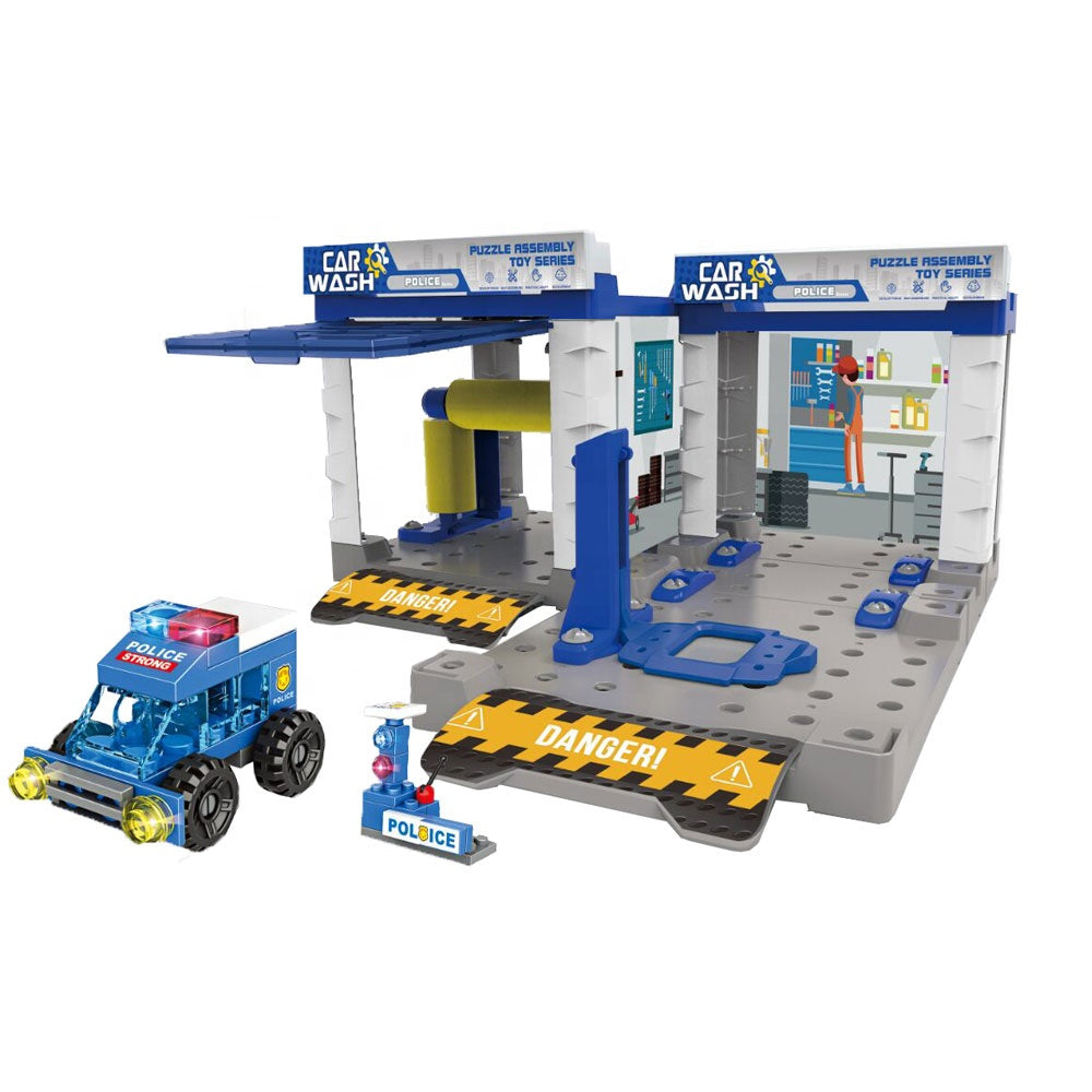 Kids Educational Construction Indoor Games Plastic 71Pcs Assemble Diy Police Car Washing Station Toy Parking Garage