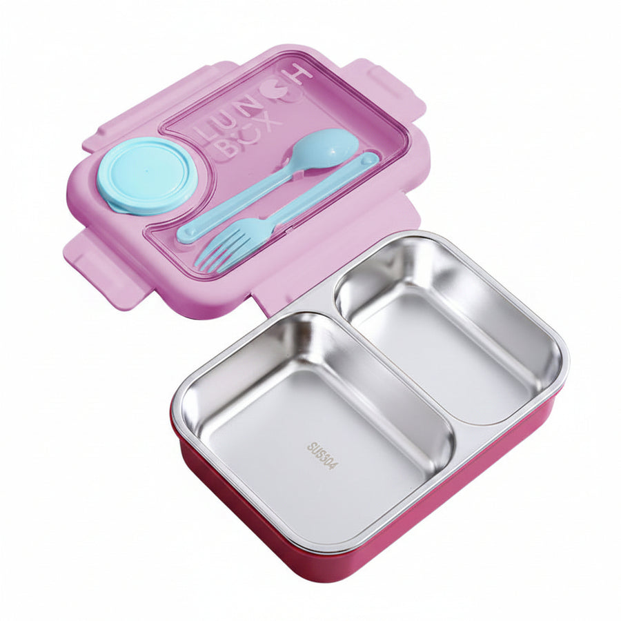 Stainless Steel 2-Compartment Lunch Box with Sauce Cup & Fork Spoon - 750ml
