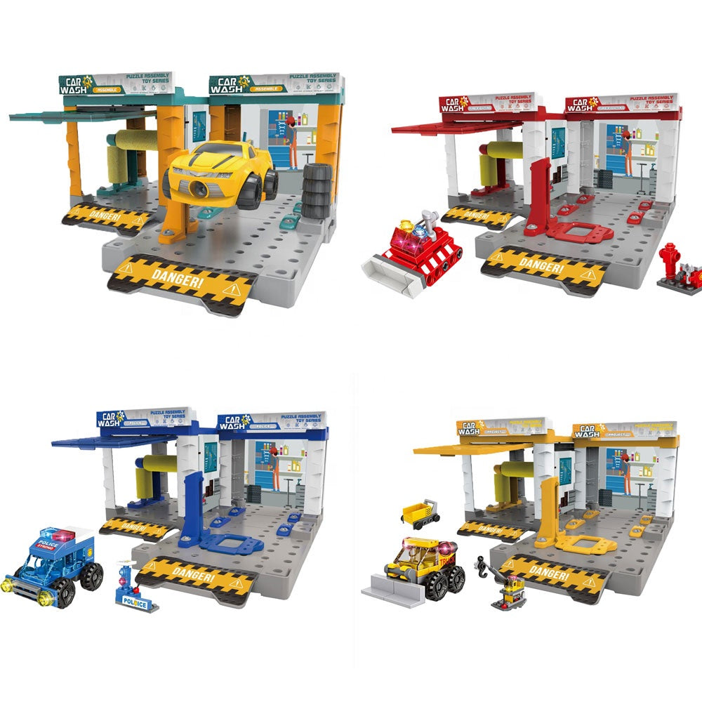 Kids Educational Construction Indoor Games Plastic 71Pcs Assemble Diy Car Washing Station Toy Parking Garage