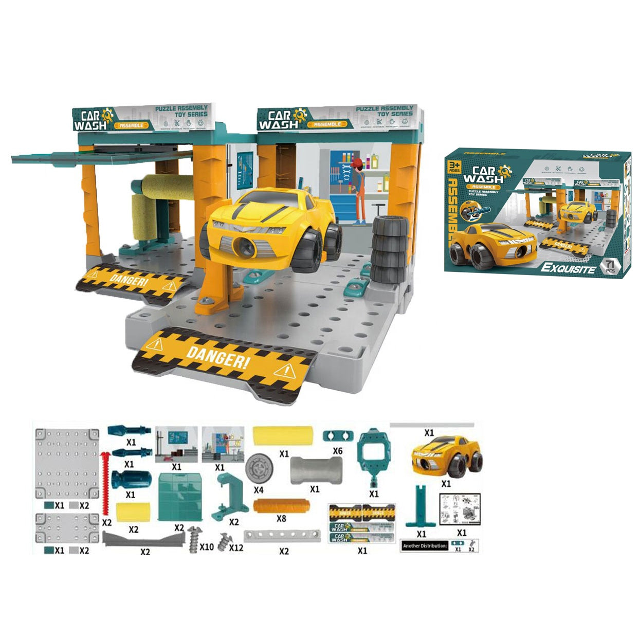 Kids Educational Construction Indoor Games Plastic 71Pcs Assemble Diy Car Washing Station Toy Parking Garage