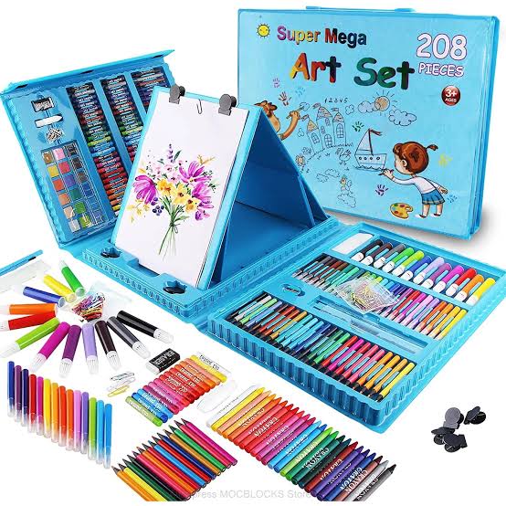 Full Drawing Kit - 208 Pieces Watercolor Wood Flosmaster Crayon Bag with Ast and Painting (blue)