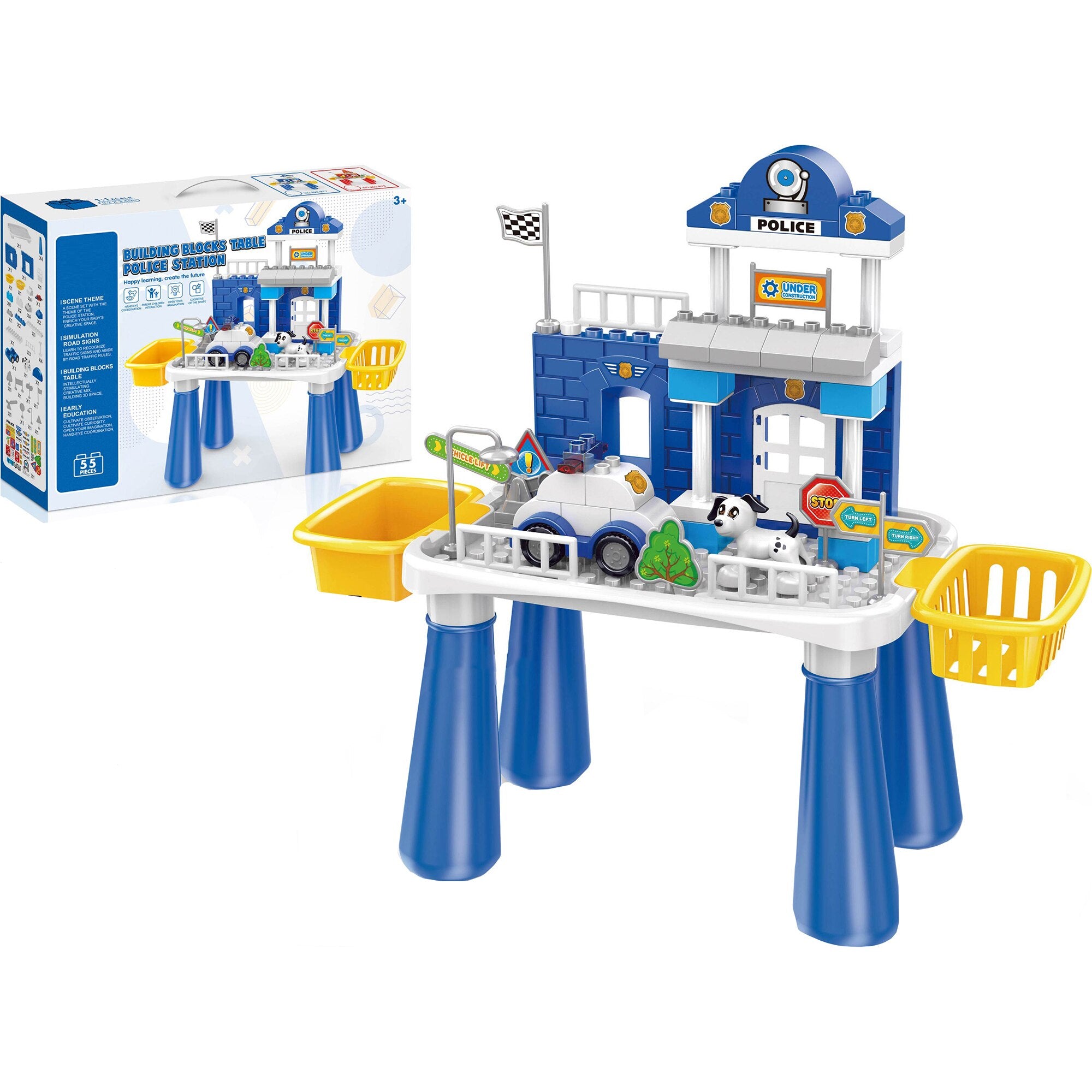 Police Station Building Block Table Playset with Police Car – 55 Pieces