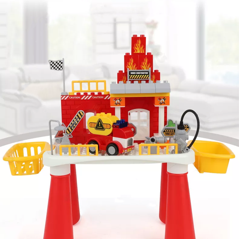 Fire Station Building Block Table Playset with Fire Truck – 55 Pieces