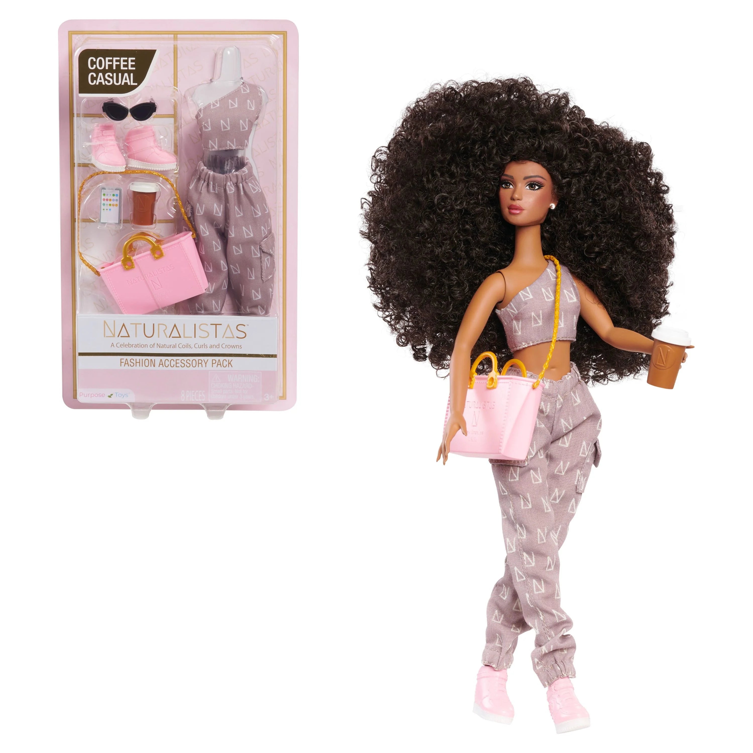 Naturalistas Fashion Pack Coffee Casual 7-Piece Outfit and Accessories Set for 11.5-Inch Tall Naturalistas Dolls, Designed and Developed by Purpose Toys