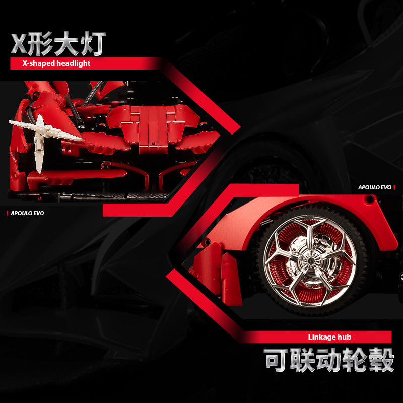 Red car model with X-shaped headlights and linkage hub 