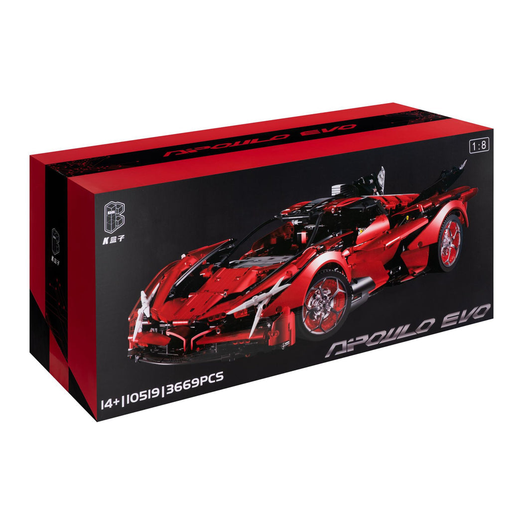 Boxed toy car model of a red sports car with 'Agera Evo' branding 