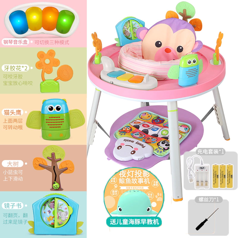 عربة أطفال ٣ في ١، نطاطة، مشاية، وأداة ترفيهية ثابتة | مقعد دوار ٣٦٠ درجة | تصميم غابة