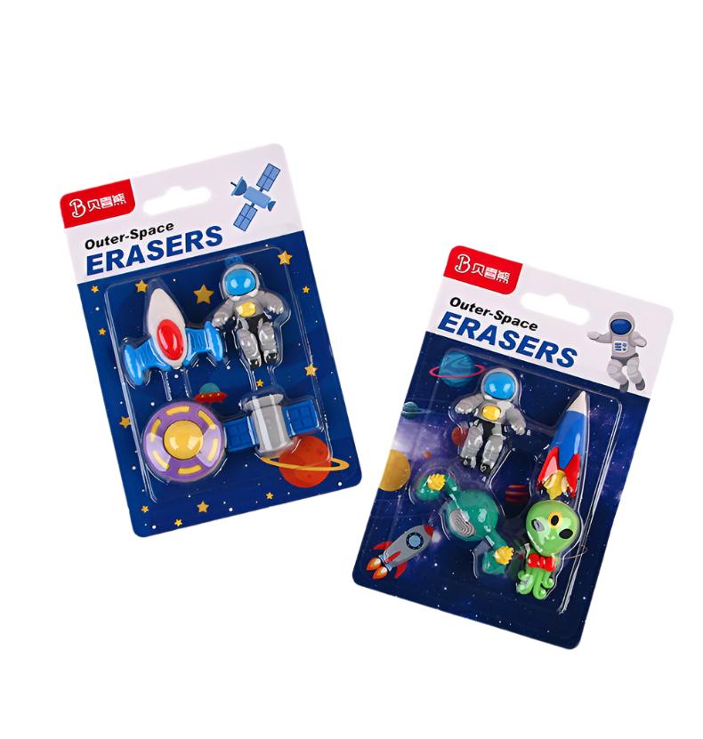 Random 4 Pcs Mini Rocket Astronaut Alien Rubber Erasers Outer Space Eraser Set Non-PVC