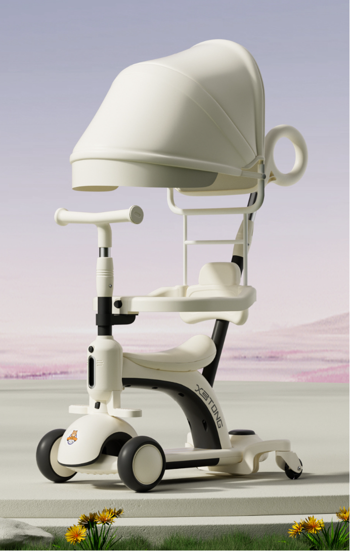 3-in-1 Multi-Function Kids Stroller and Scooter with Fence and Handbar - White/Creamy