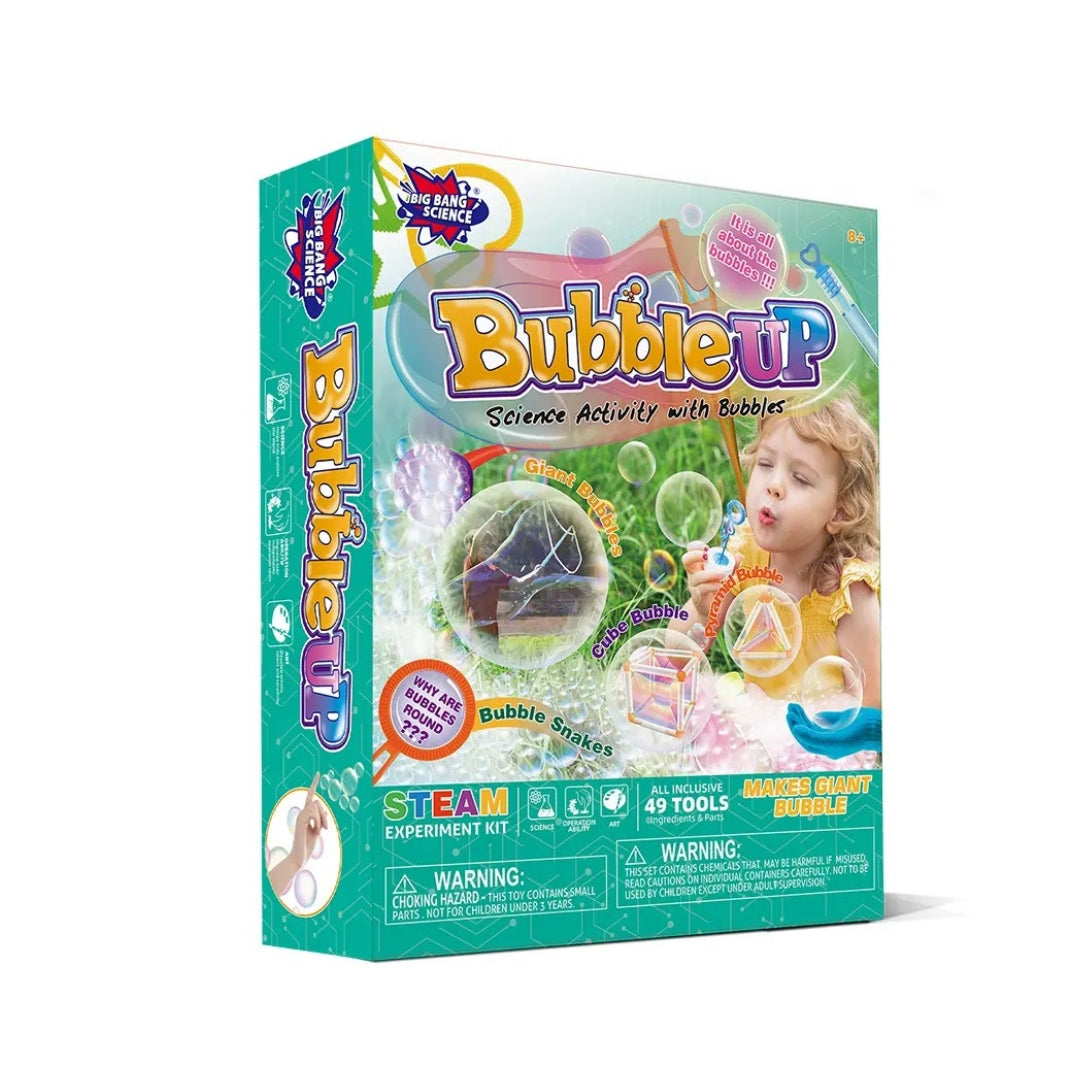 Bubble 'UP' science activity kit packaging with a child blowing bubbles 
