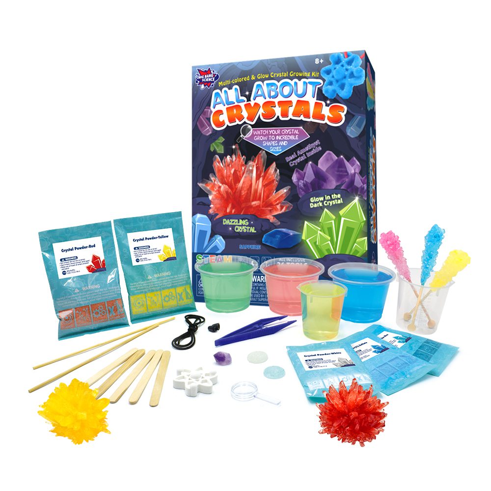 Crystal growing kit with colorful components and 'All About Crystals' box 