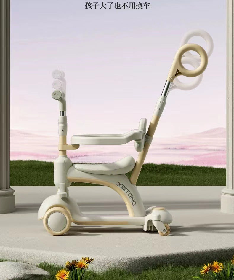 3-in-1 Multi-Function Kids Stroller and Scooter with Fence and Handbar - White/Creamy