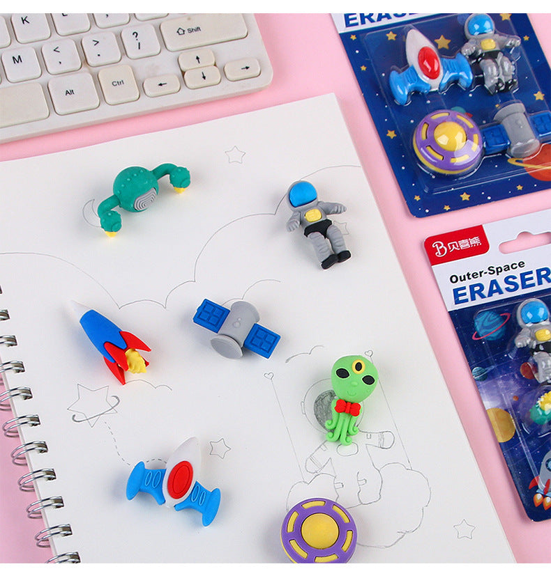 Random 4 Pcs Mini Rocket Astronaut Alien Rubber Erasers Outer Space Eraser Set Non-PVC