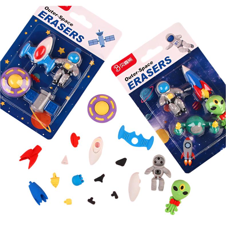 Random 4 Pcs Mini Rocket Astronaut Alien Rubber Erasers Outer Space Eraser Set Non-PVC