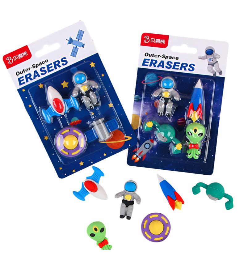 Random 4 Pcs Mini Rocket Astronaut Alien Rubber Erasers Outer Space Eraser Set Non-PVC