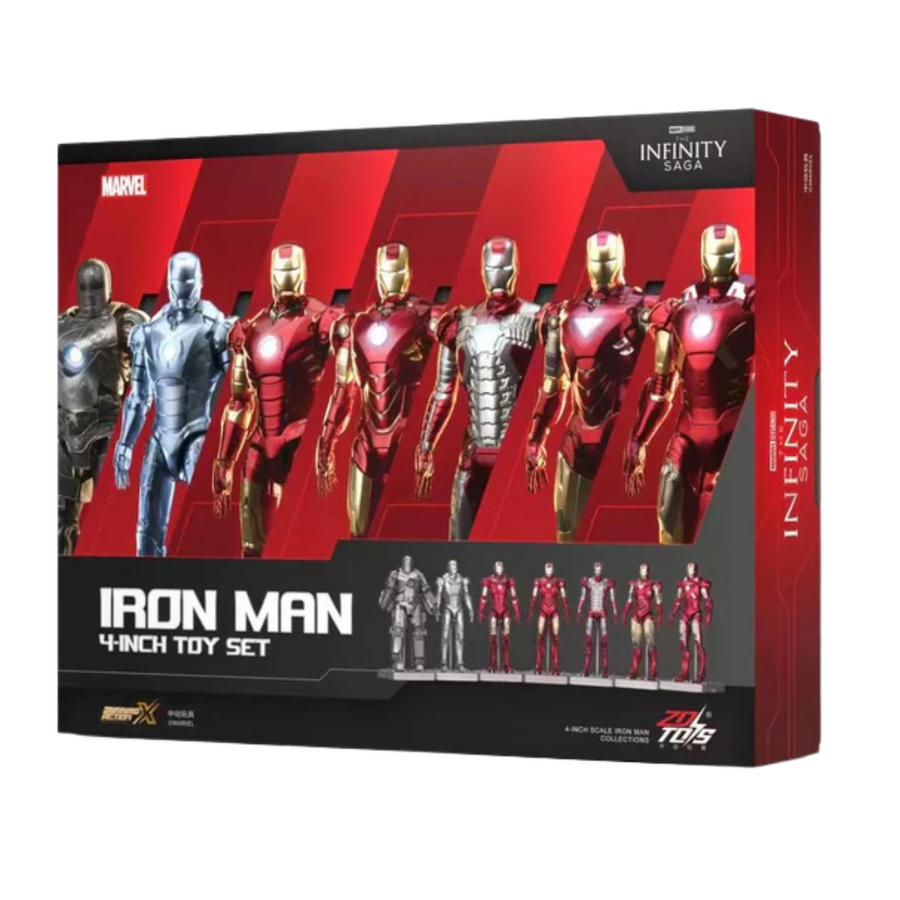 ZD Toys Super Heroes: Marvel - The Infinity Saga - 4 بوصة Iron Man Mark 1 ، 2 ، 3 ، 4 ، 5 ، 6 ، 7 مجموعة من (7 قطع) مع قاعدة