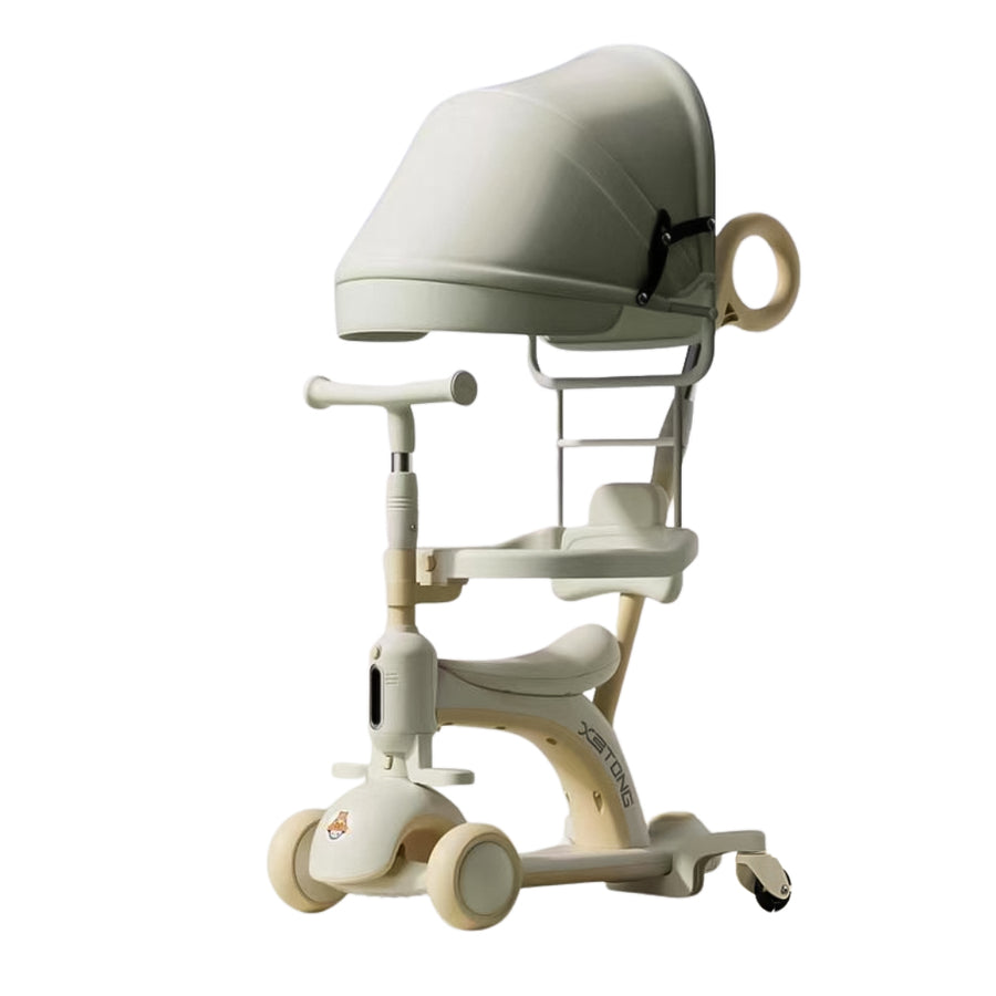 3-in-1 Multi-Function Kids Stroller and Scooter with Fence and Handbar - White/Creamy