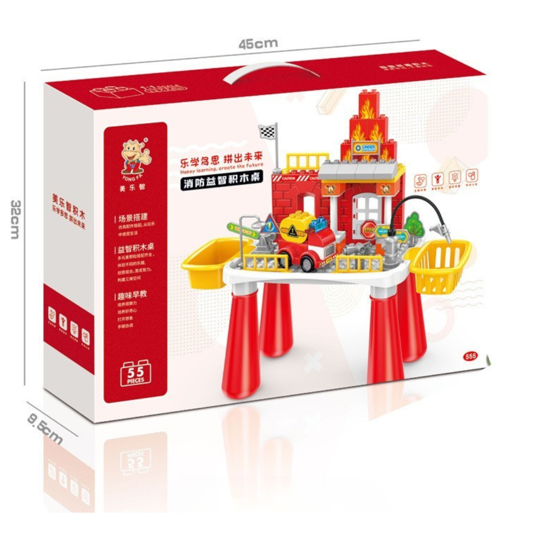 Fire Station Building Block Table Playset with Fire Truck – 55 Pieces