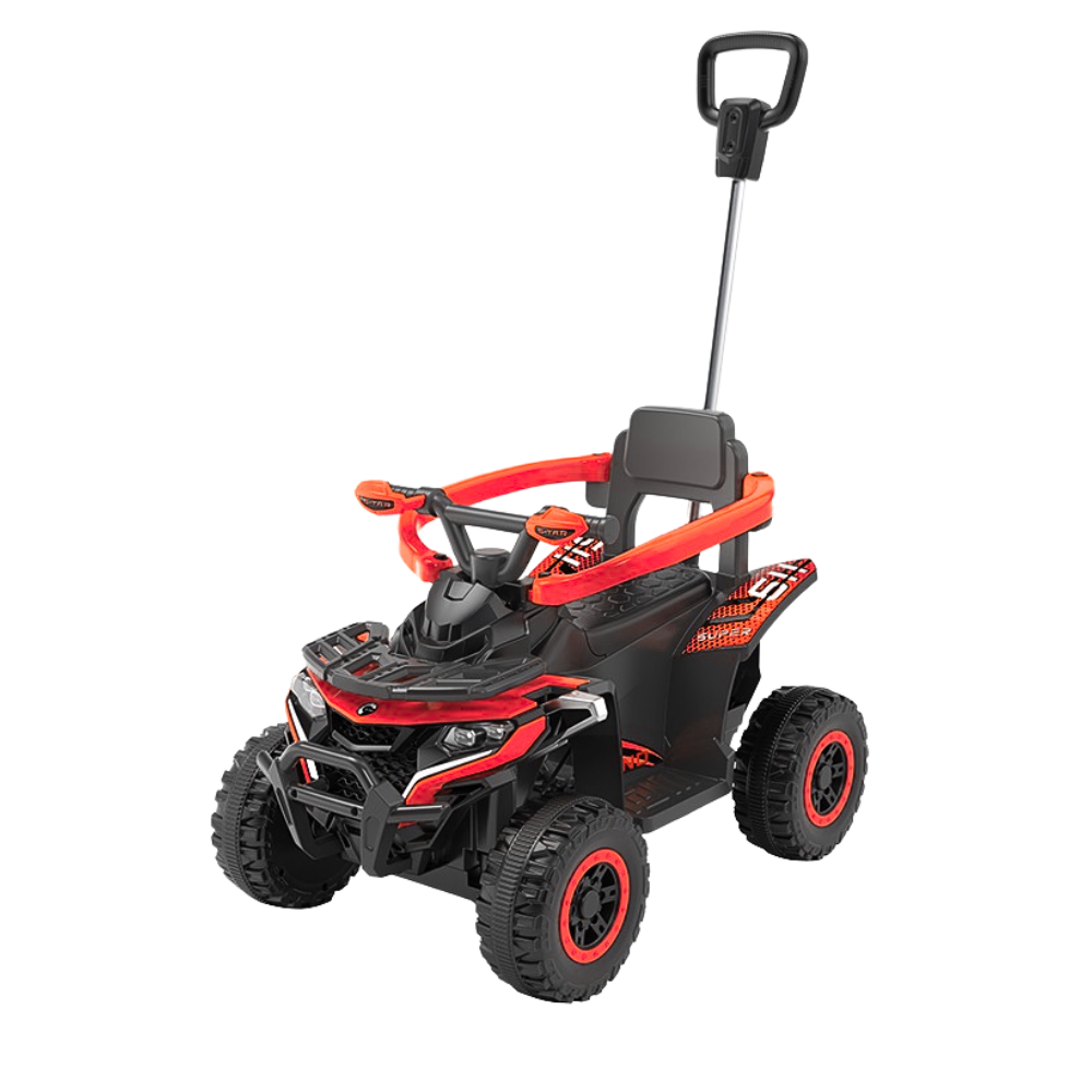 Kids Ride-On Car with Pushbar – Direction Control, Armrest & Footrest, Light & Music Features