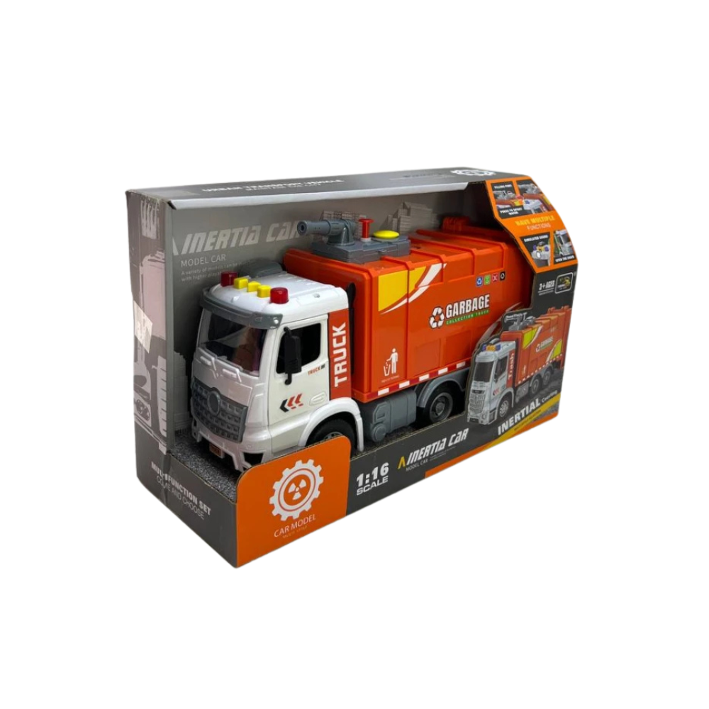 Garbage Truck Toy with Lights & Sound – 1:16 Scale Inertia Car - Orange