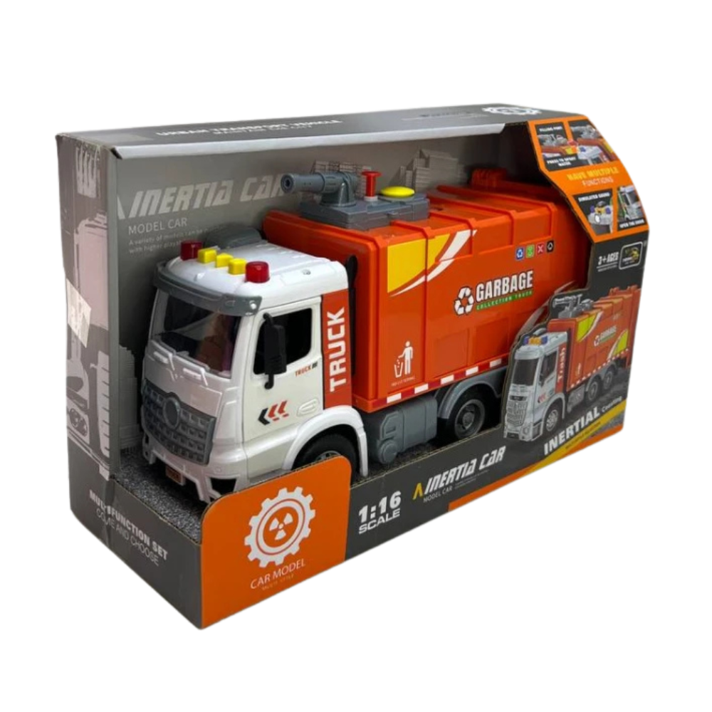 Garbage Truck Toy with Lights & Sound – 1:16 Scale Inertia Car - Orange