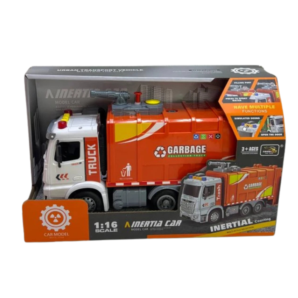 Garbage Truck Toy with Lights & Sound – 1:16 Scale Inertia Car - Orange