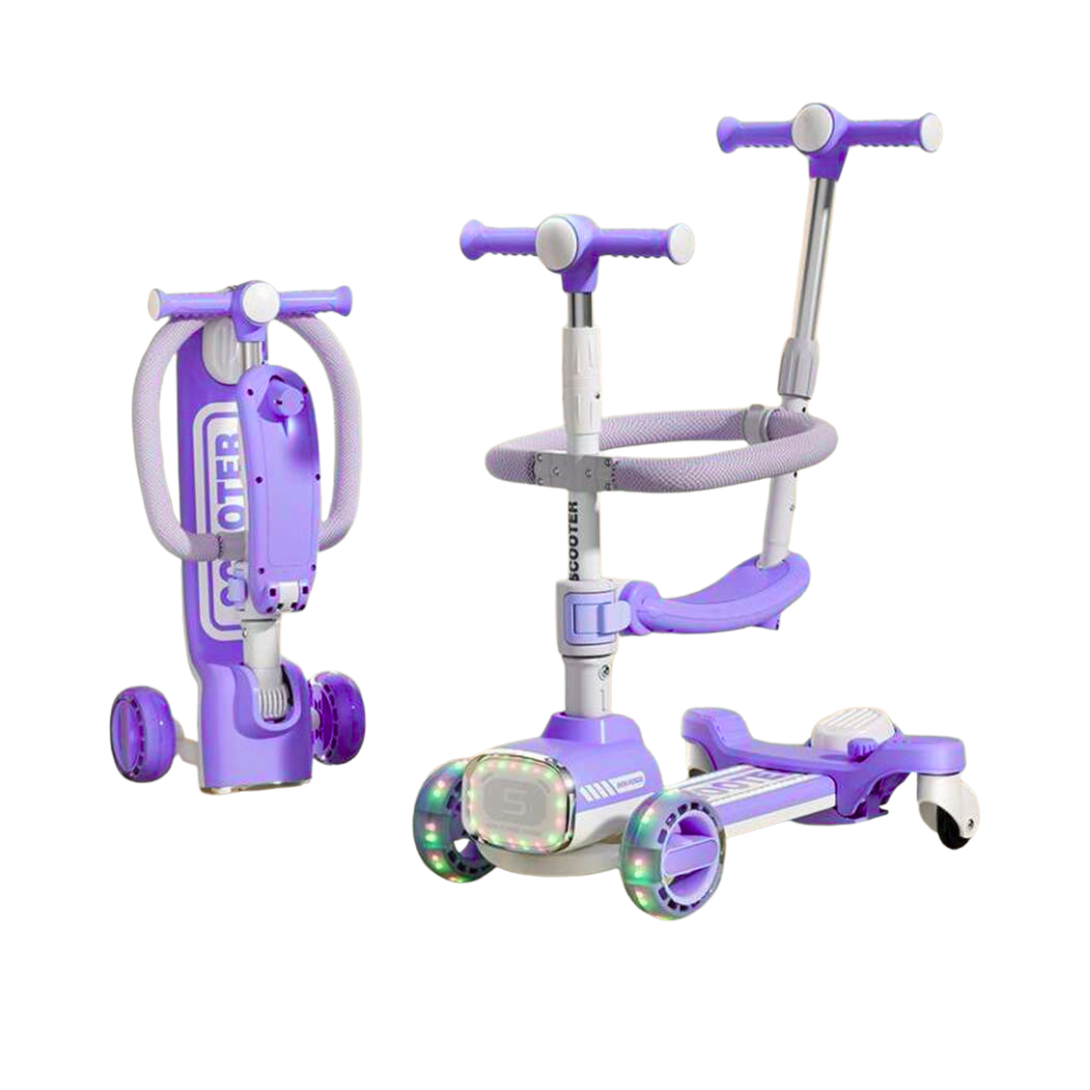 3-in-1 Kids Scooter with Seat & Safety Guard – Foldable, Light-Up Wheels, Adjustable Height