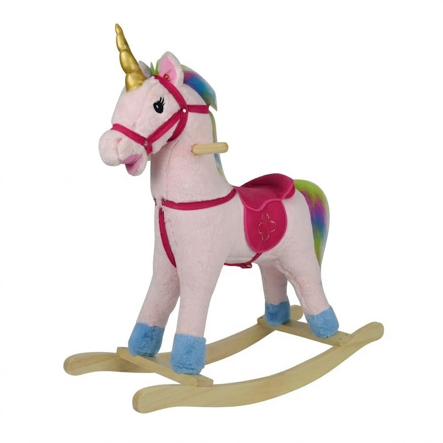 Plush Musical Rocking Unicorn Toy with Wooden Base – Pink & Rainbow