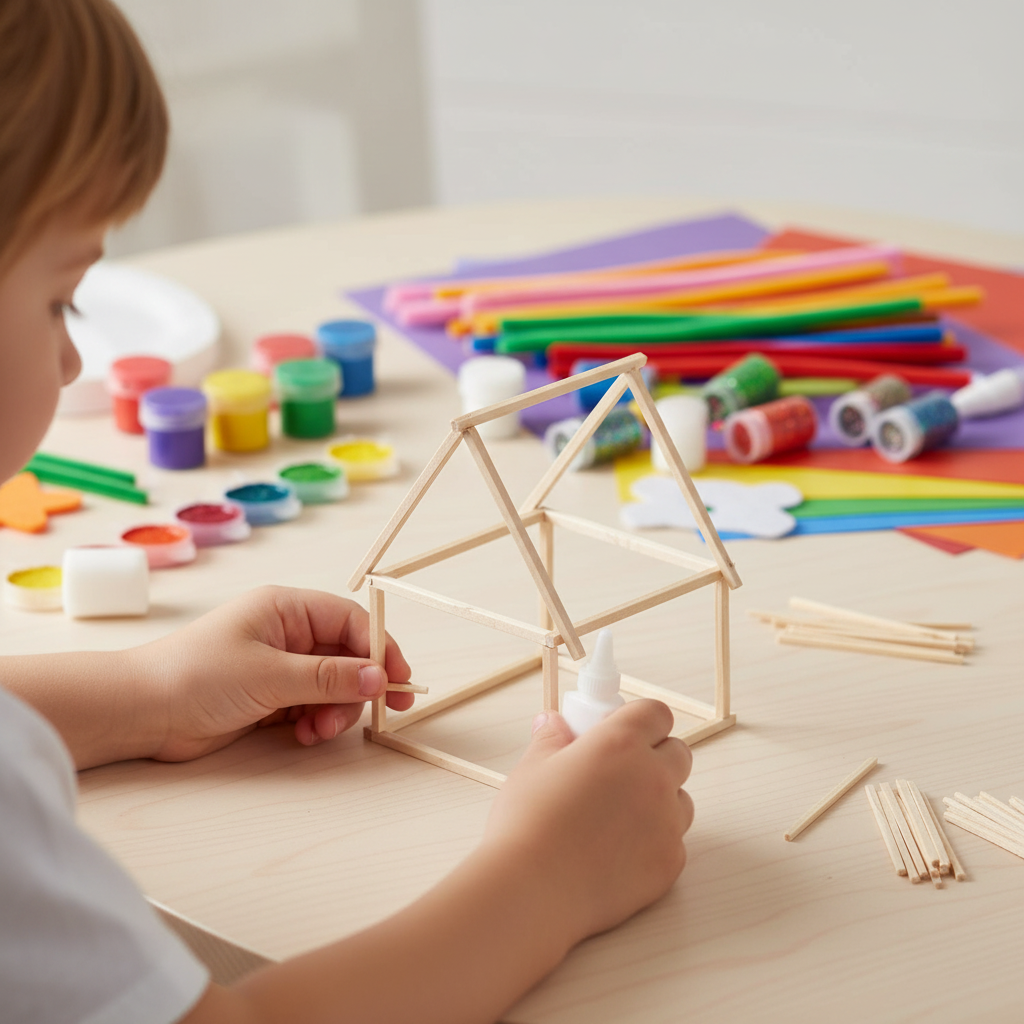 A child's hands building a small house frame from wooden sticks on a light wood table, surrounded by colorful craft supplies like paint pots, paper strips, and glue.