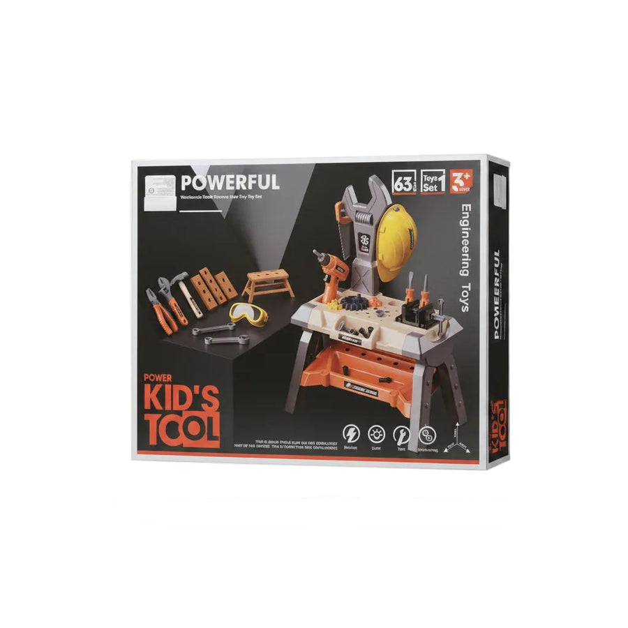 Power Kid's Tool Workbench Set – 63-Piece Pretend Play Engineering Tool Bench with Drill, Hard Hat & Accessories for Ages 3+