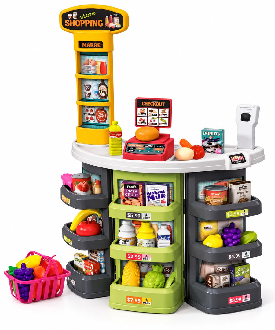 Kids Play Supermarket Checkout Counter and Grocery Store Playset with Shopping Basket, Scale, and Accessories