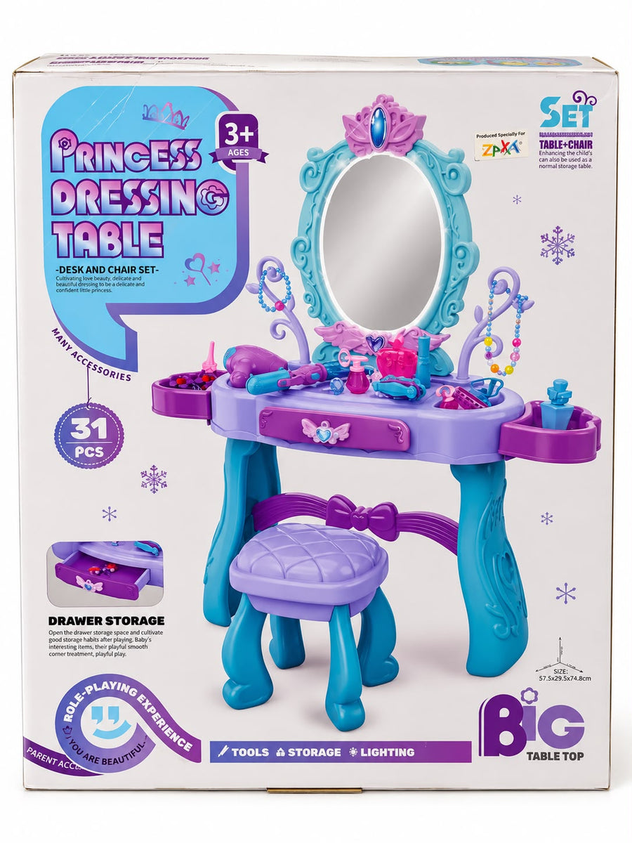 Princess Dressing Table Desk and Chair Set with 31 Pieces, Drawer Storage, and Accessories (Ages 3+) - Blue