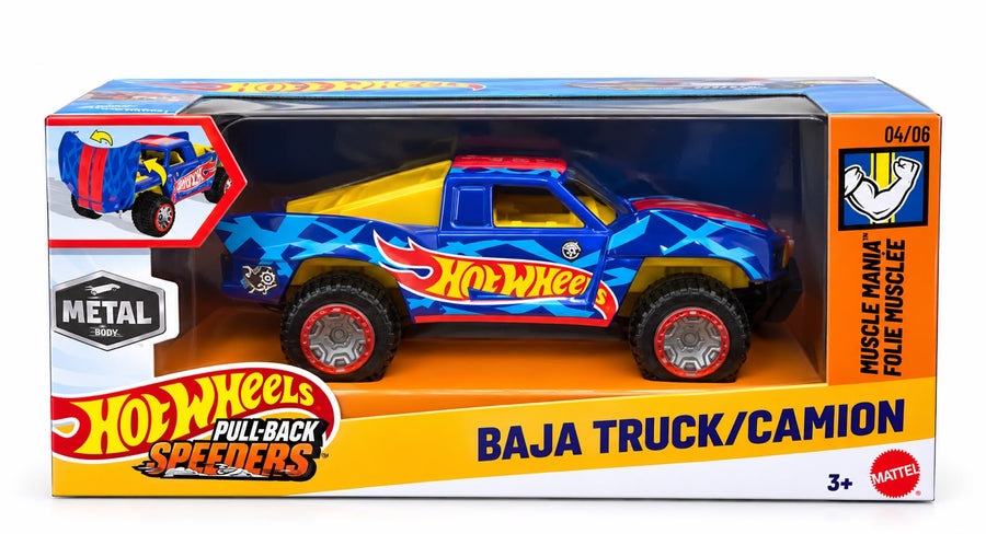 Mattel Hot Wheels Pull-Back Speeders Toy Car in 1:43 Scale,  MUSCLE MANIA - BAJA TRUCK/CAMION