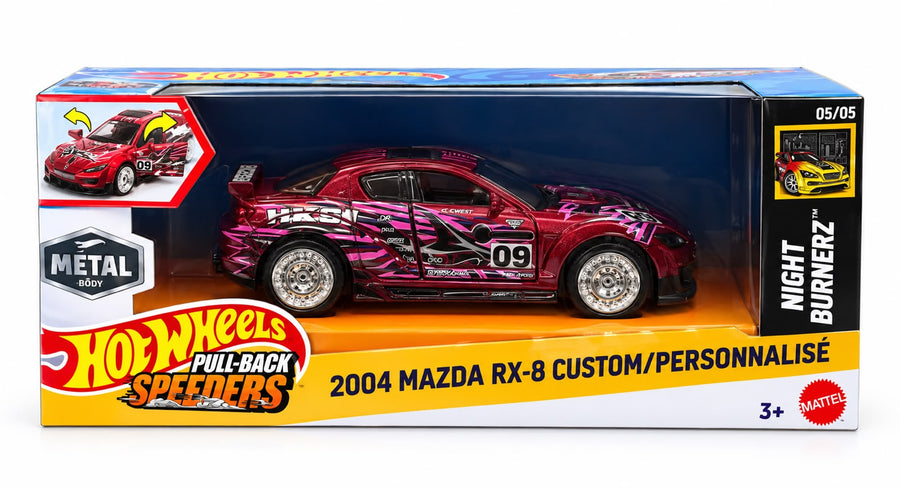 Mattel Hot Wheels Pull-Back Speeders Toy Car in 1:43 Scale,  NIGHT BURNERZ - 2004 MAZDA RX-8 CUSTOM/ PERSONNALISE