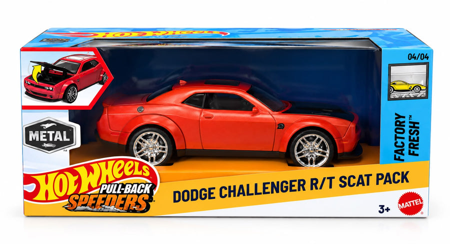 Mattel Hot Wheels Pull-Back Speeders Toy Car in 1:43 Scale,  FACTORY FRESH - DODGE CHALLENGER R/T SCAT PACK