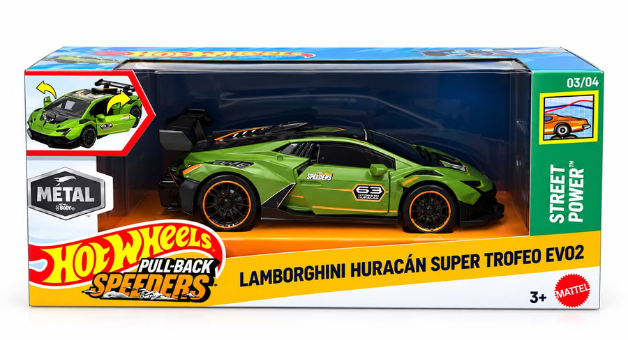Mattel Hot Wheels Pull-Back Speeders Toy Car in 1:43 Scale,  STREET POWER - LAMBORGHINI HURACAN SUPER TROFEO EV02