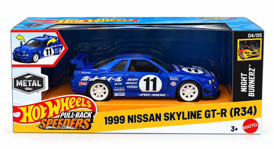 Mattel Hot Wheels Pull-Back Speeders Toy Car in 1:43 Scale,  NIGHT BURNERZ - 1999 NISSAN SKYLINE GT-R (R34)