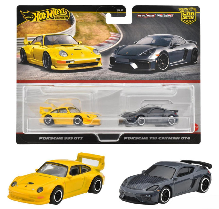 Hot Wheels Premium 2 Pack Porsche 993 GT2/ Porsche 718 Cayman GT4 Vehicle Toy