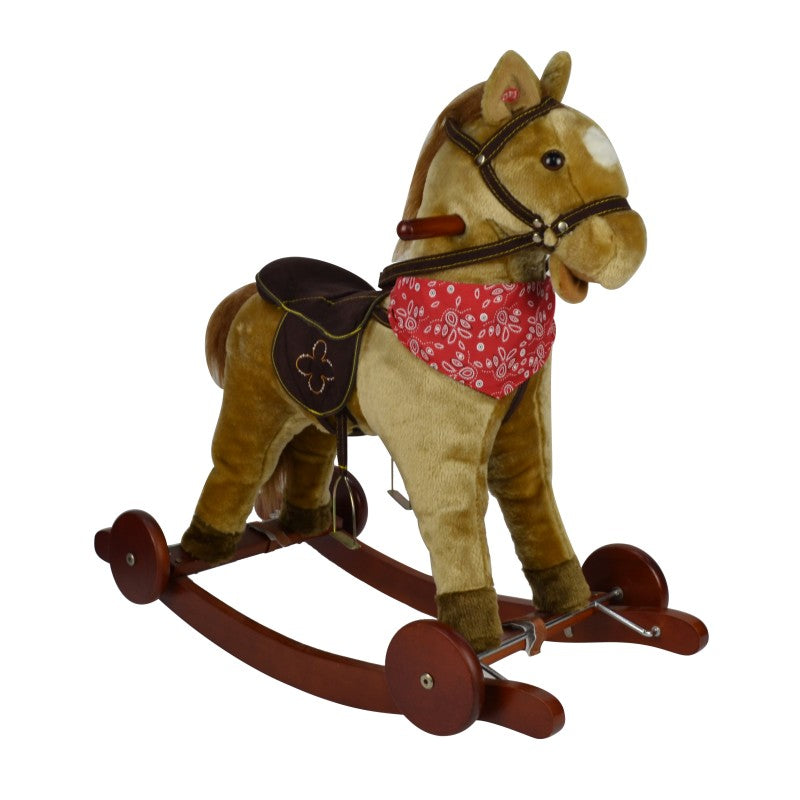 حصان هزاز ومتحرك تفاعلي 2 في 1 - بني فاتح مع منديل أحمر وسرج