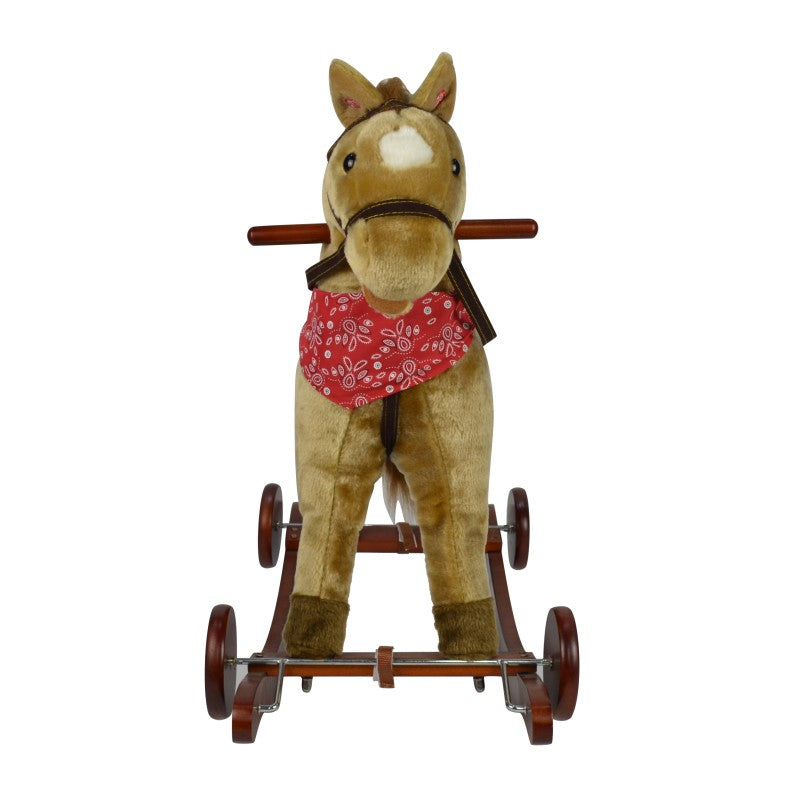 حصان هزاز ومتحرك تفاعلي 2 في 1 - بني فاتح مع منديل أحمر وسرج