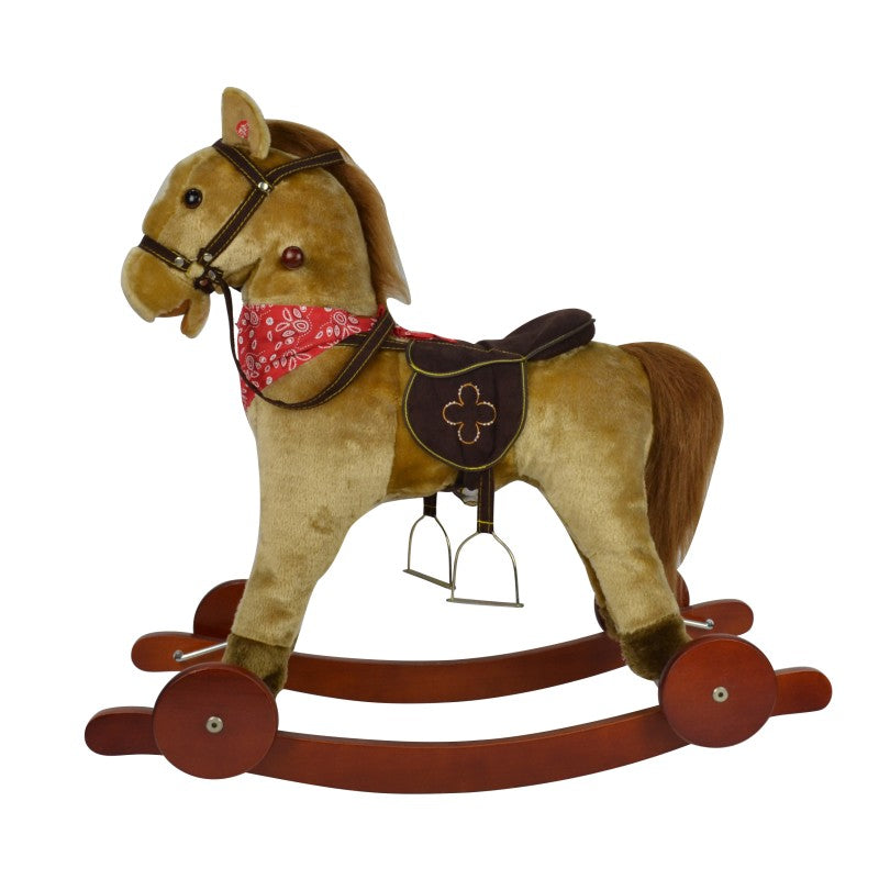 حصان هزاز ومتحرك تفاعلي 2 في 1 - بني فاتح مع منديل أحمر وسرج